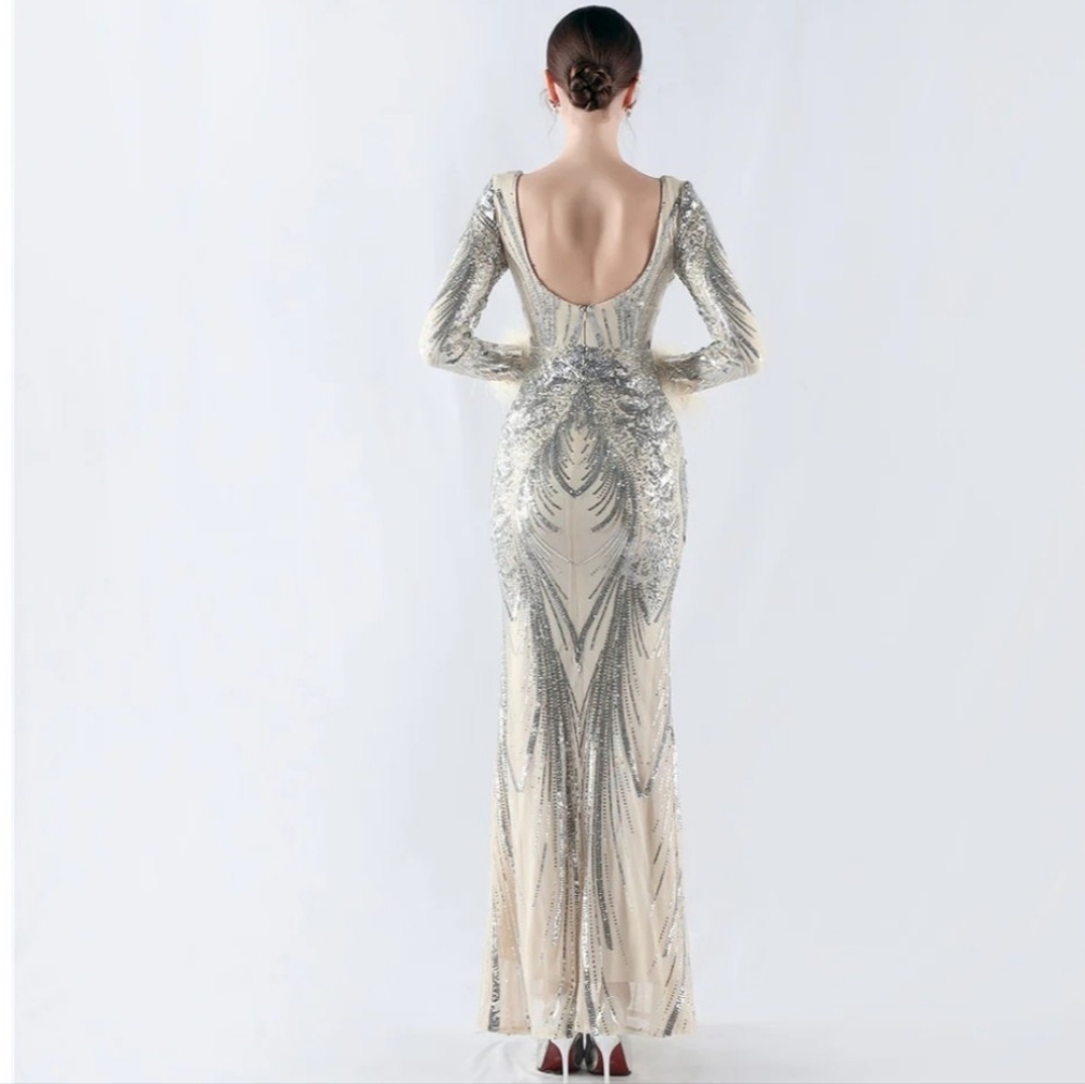 Sequin Silver & Cream Long-Sleeve Evening Gown With Ostrich Feathers - Picture 8 of 16